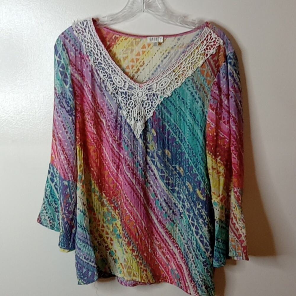 Spence Women's Rainbow Flowy Flutter Sleeve Blouse. Medium Art to Wear. Boho